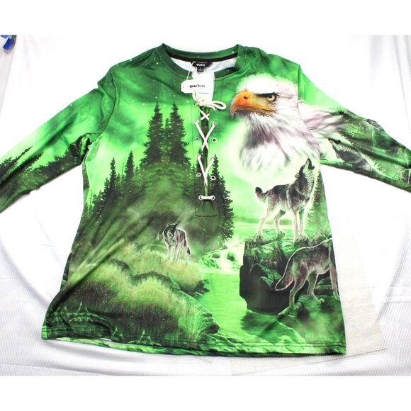 Ouku Mens All Over Wildlife Print Long Sleeve Shirt With Lace-Up Neck XL - Picture 5 of 9